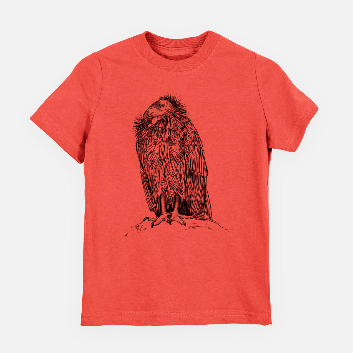 Passionfruit pink youth t-shirt laid flat, printed with a detailed black ink illustration of a California condor perched with folded wings.