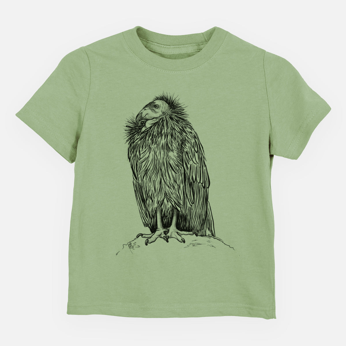 Sage green toddler t-shirt laid flat, printed with a detailed black ink illustration of a California condor perched with folded wings.