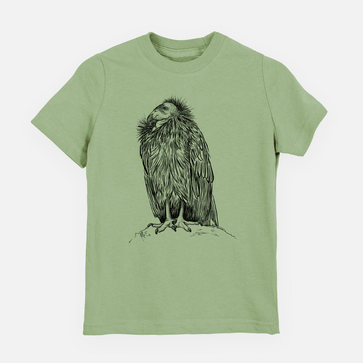 Sage green youth t-shirt laid flat, printed with a detailed black ink illustration of a California condor perched with folded wings.