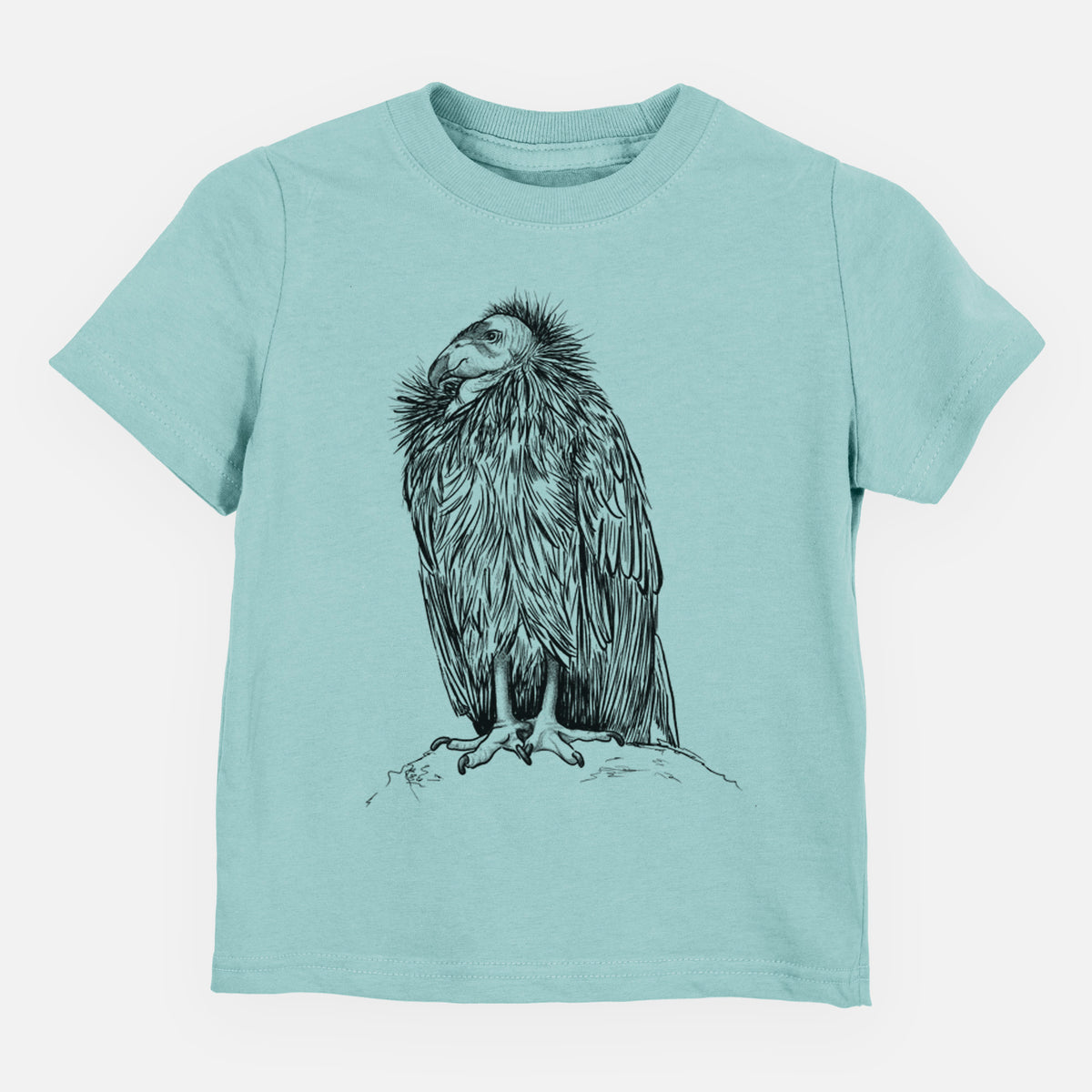 Saltwater toddler t-shirt laid flat, printed with a detailed black ink illustration of a California condor perched with folded wings.