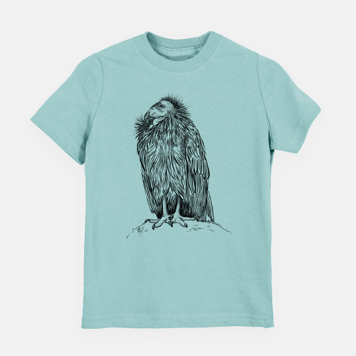 Saltwater youth t-shirt laid flat, printed with a detailed black ink illustration of a California condor perched with folded wings.
