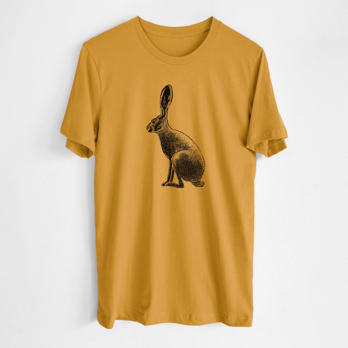 Honeycomb yellow lightweight cotton t-shirt laid flat, printed with a detailed black ink illustration of a black-tailed jackrabbit sitting in profile with tall ears.