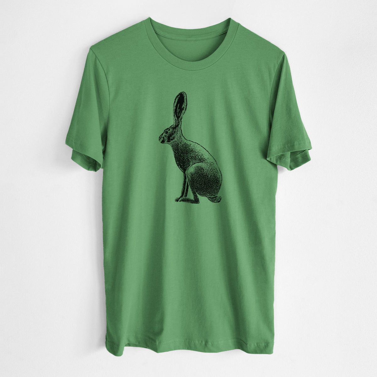 Leaf green lightweight cotton t-shirt laid flat, printed with a detailed black ink illustration of a black-tailed jackrabbit sitting in profile with tall ears.
