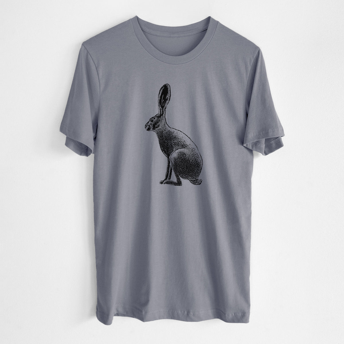 Storm grey lightweight cotton t-shirt laid flat, printed with a detailed black ink illustration of a black-tailed jackrabbit sitting in profile with tall ears.