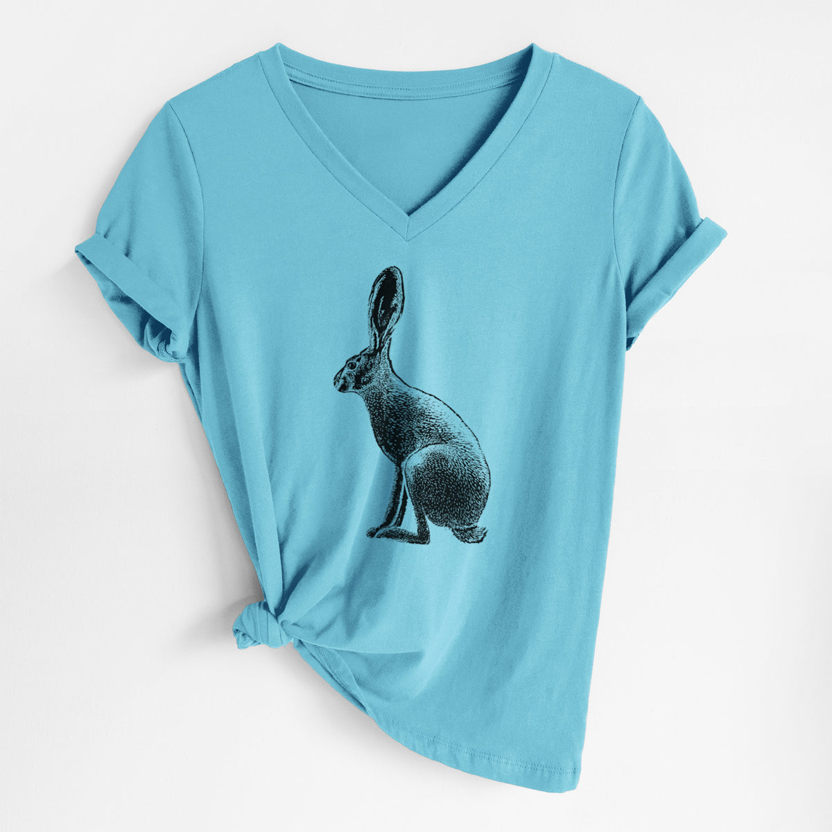 Turquoise women's relaxed fit cotton V-neck t-shirt laid flat, printed with a detailed black ink illustration of a black-tailed jackrabbit sitting in profile with tall ears.