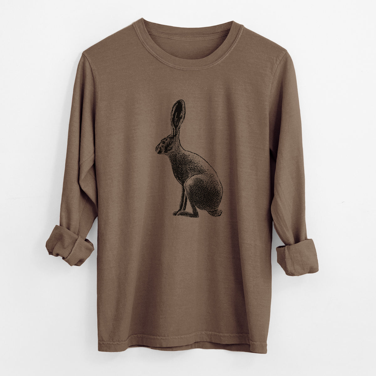 Espresso brown Comfort Colors long sleeve shirt laid flat with the cuffs rolled, printed with a detailed black ink illustration of a black-tailed jackrabbit sitting in profile with tall ears.