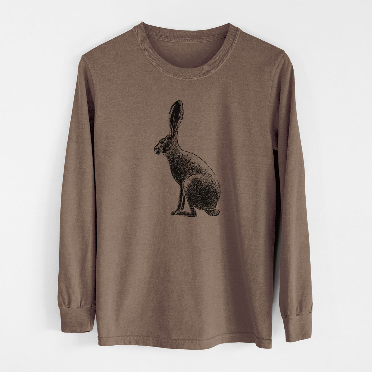 Espresso brown Comfort Colors long sleeve shirt laid flat, printed with a detailed black ink illustration of a black-tailed jackrabbit sitting in profile with tall ears.