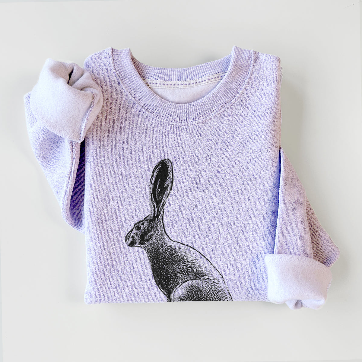 Ice purple knit sweatshirt printed with a detailed black ink illustration of a black-tailed jackrabbit sitting in profile with tall ears, styled flat.