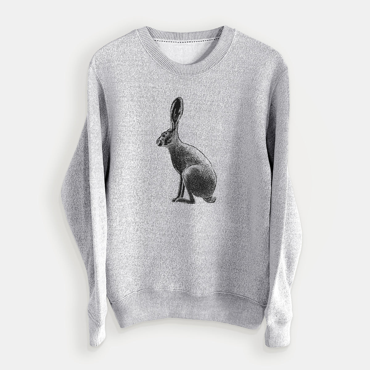 Salt and pepper knit sweatshirt laid flat, printed with a detailed black ink illustration of a black-tailed jackrabbit sitting in profile with tall ears.