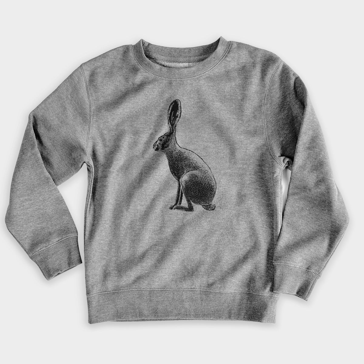 Nickel grey youth crewneck sweatshirt laid flat, printed with a detailed black ink illustration of a black-tailed jackrabbit sitting in profile with tall ears.