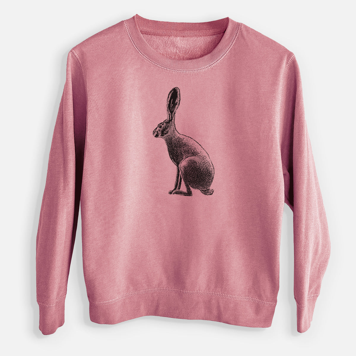 Mauve pink youth crewneck sweatshirt laid flat, printed with a detailed black ink illustration of a black-tailed jackrabbit sitting in profile with tall ears.
