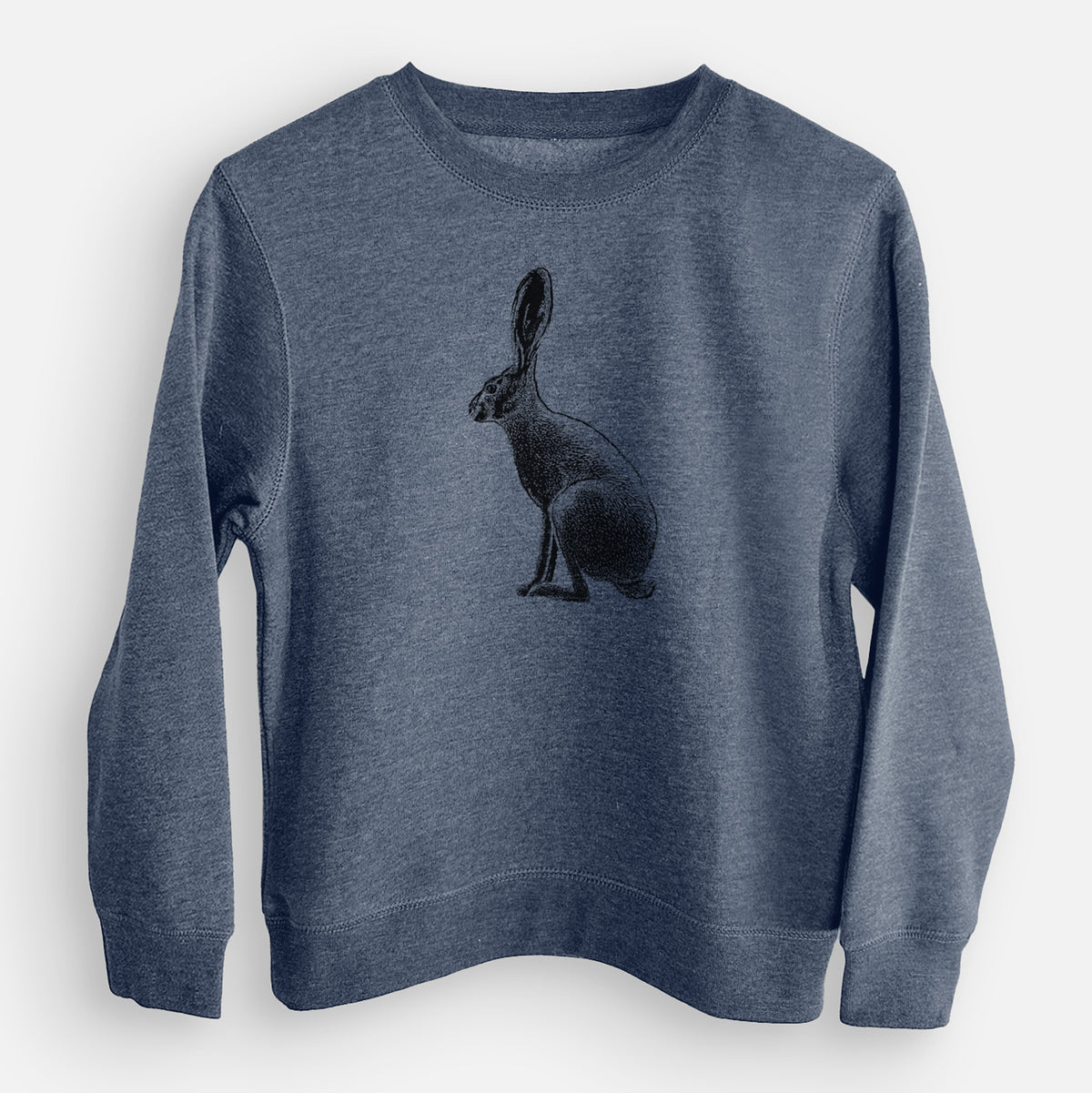 Storm blue youth crewneck sweatshirt laid flat, printed with a detailed black ink illustration of a black-tailed jackrabbit sitting in profile with tall ears.