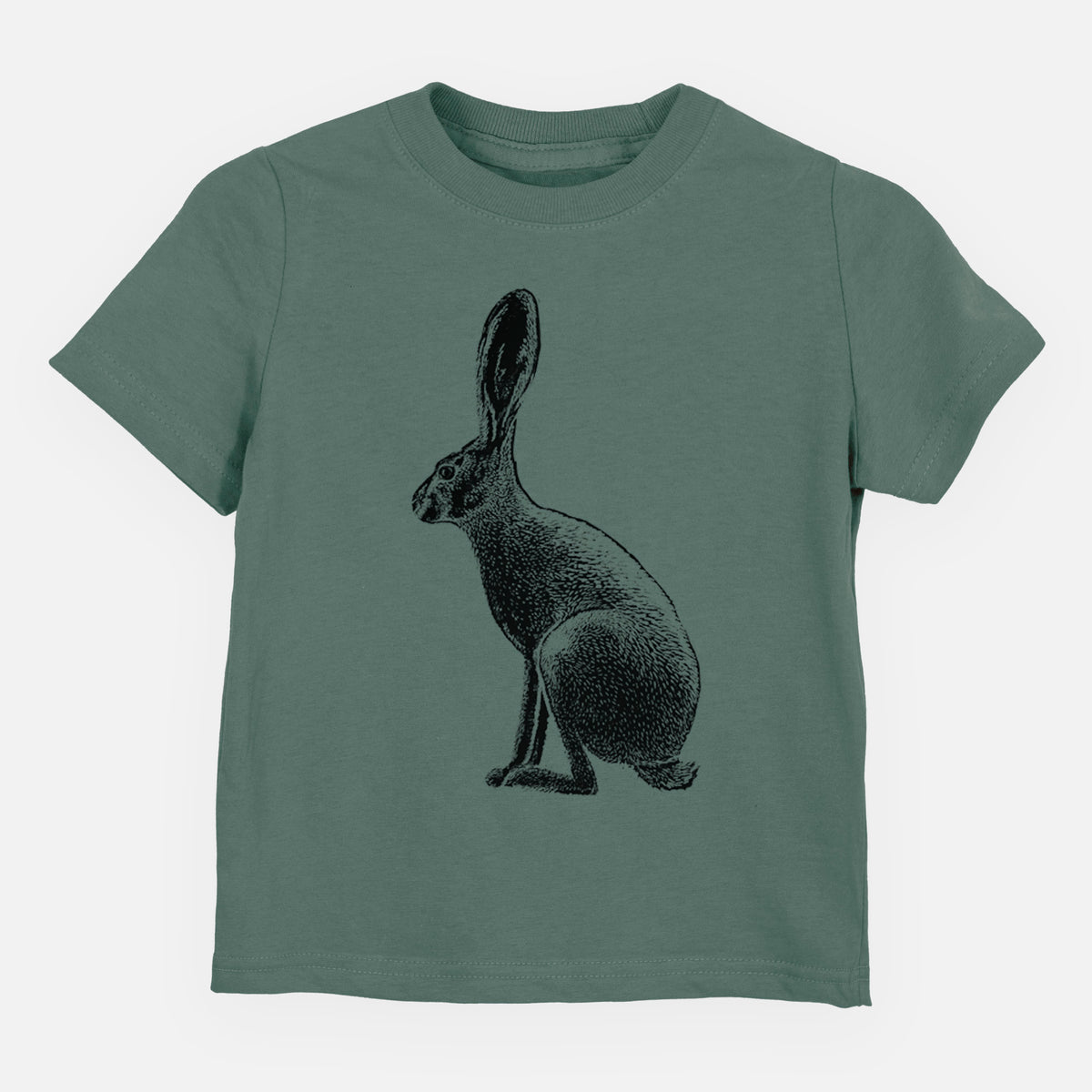 Basil green toddler t-shirt laid flat, printed with a detailed black ink illustration of a black-tailed jackrabbit sitting in profile with tall ears.