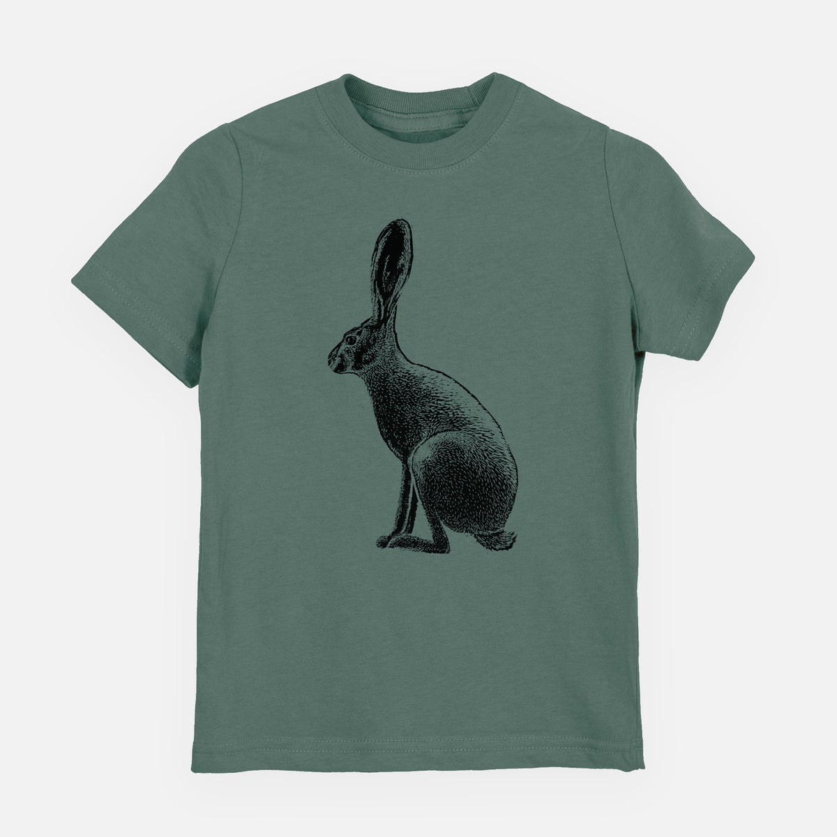 Basil green youth t-shirt laid flat, printed with a detailed black ink illustration of a black-tailed jackrabbit sitting in profile with tall ears.