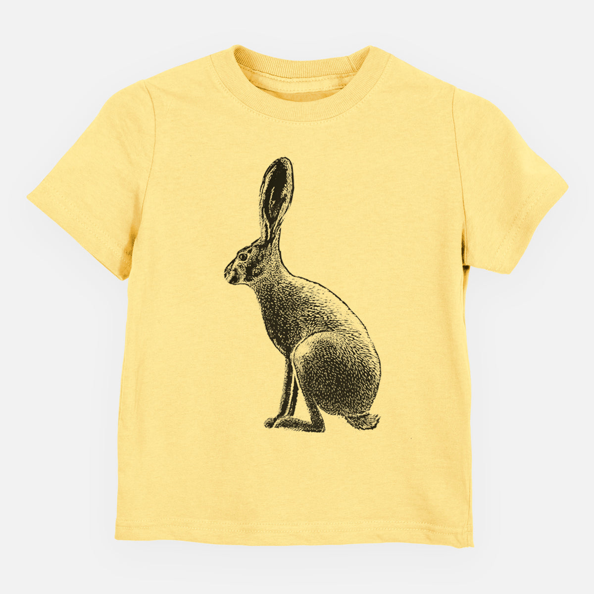 Butter yellow toddler t-shirt laid flat, printed with a detailed black ink illustration of a black-tailed jackrabbit sitting in profile with tall ears.