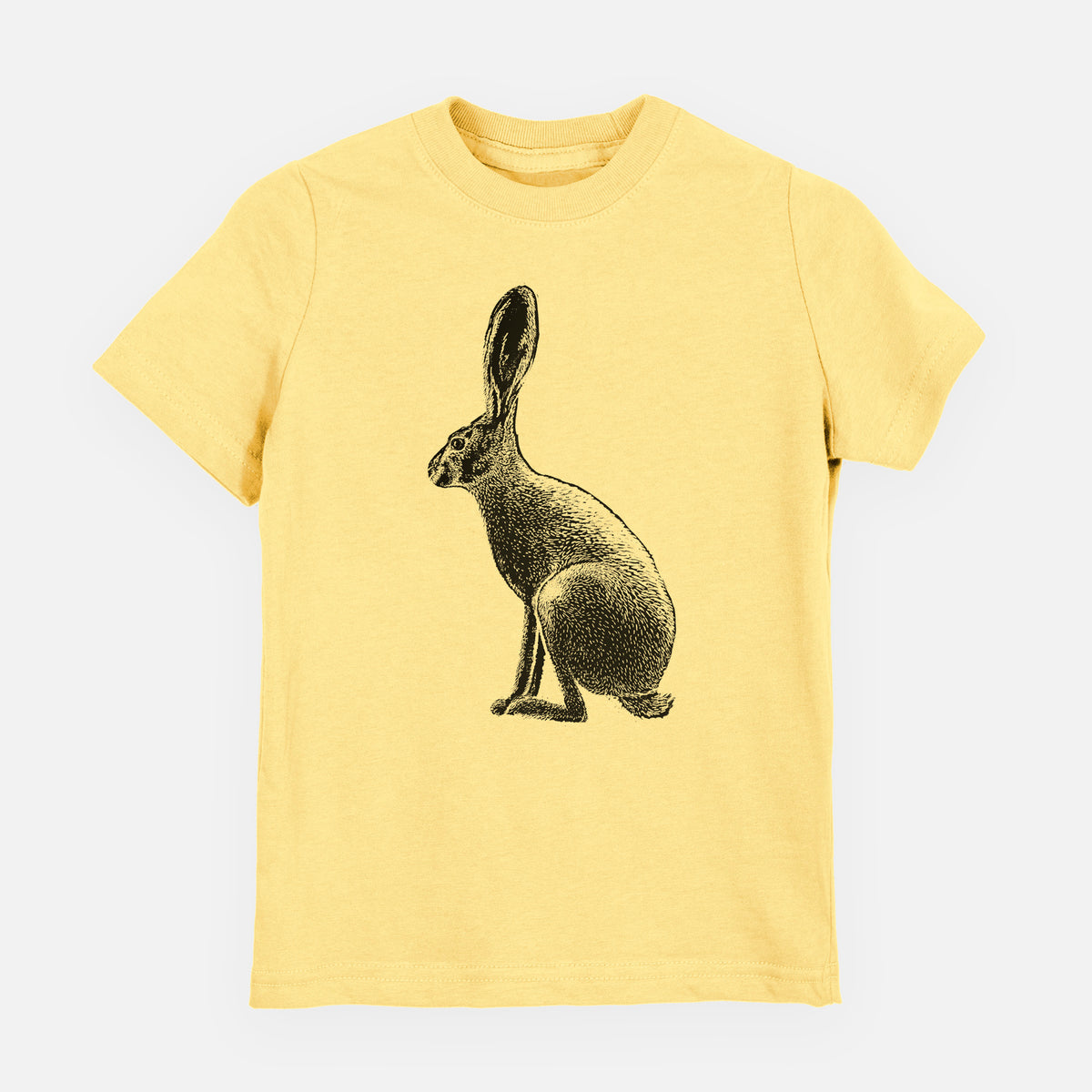 Butter yellow youth t-shirt laid flat, printed with a detailed black ink illustration of a black-tailed jackrabbit sitting in profile with tall ears.