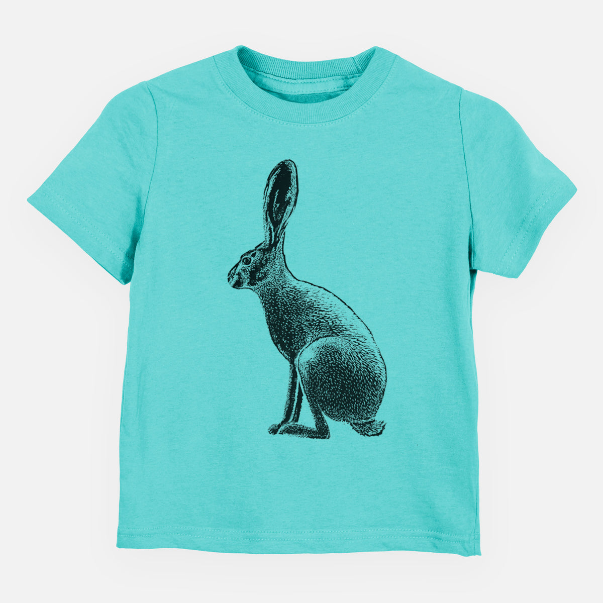 Caribbean blue toddler t-shirt laid flat, printed with a detailed black ink illustration of a black-tailed jackrabbit sitting in profile with tall ears.