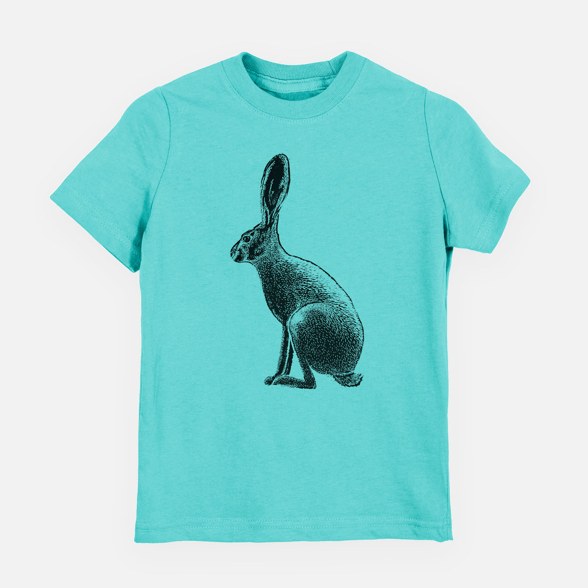 Caribbean blue youth t-shirt laid flat, printed with a detailed black ink illustration of a black-tailed jackrabbit sitting in profile with tall ears.
