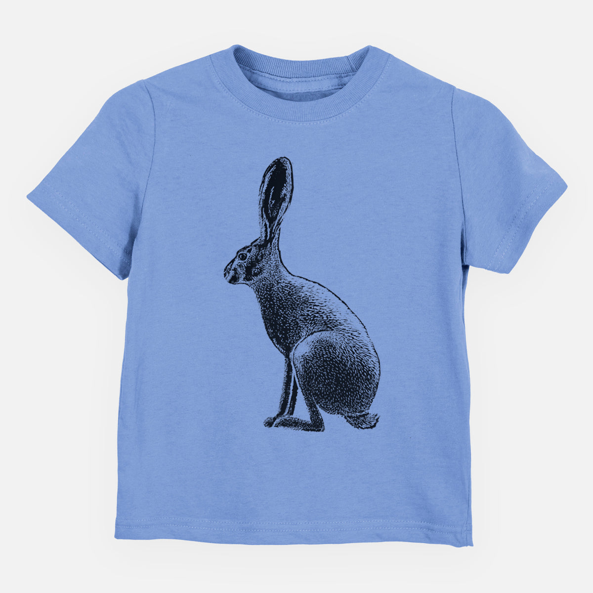 Carolina blue toddler t-shirt laid flat, printed with a detailed black ink illustration of a black-tailed jackrabbit sitting in profile with tall ears.