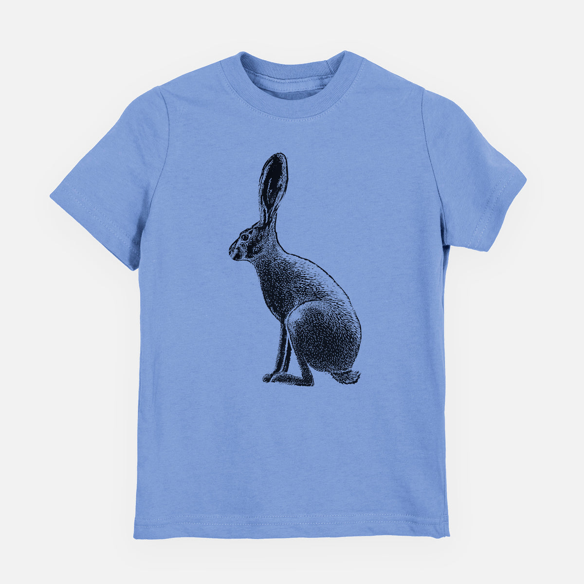 Carolina blue youth t-shirt laid flat, printed with a detailed black ink illustration of a black-tailed jackrabbit sitting in profile with tall ears.