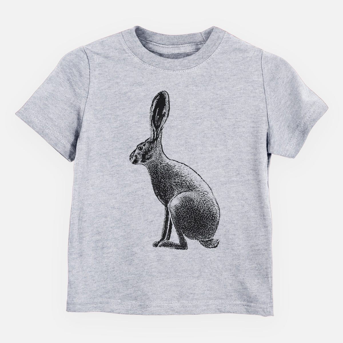 Heather grey toddler t-shirt laid flat, printed with a detailed black ink illustration of a black-tailed jackrabbit sitting in profile with tall ears.