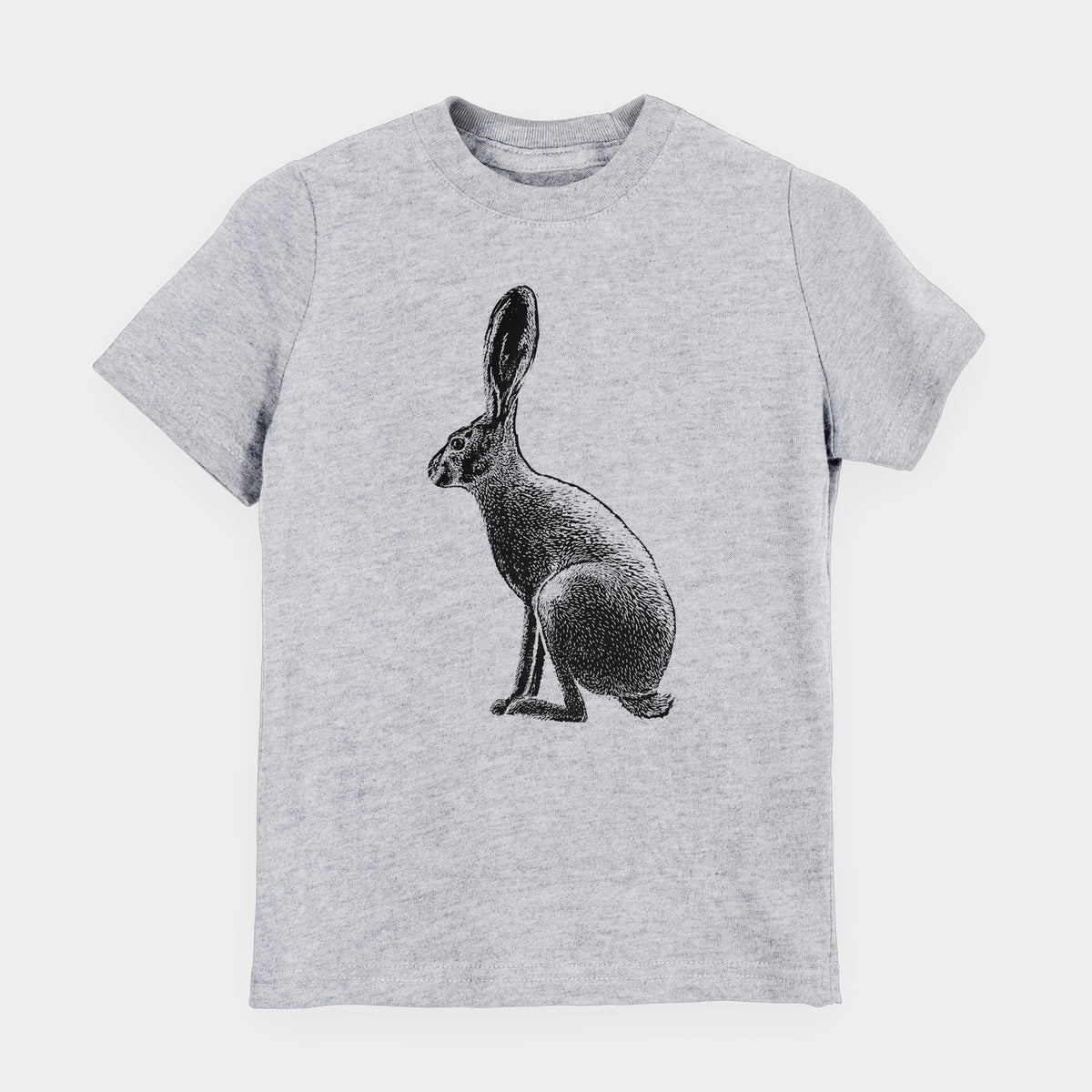 Heather grey youth t-shirt laid flat, printed with a detailed black ink illustration of a black-tailed jackrabbit sitting in profile with tall ears.