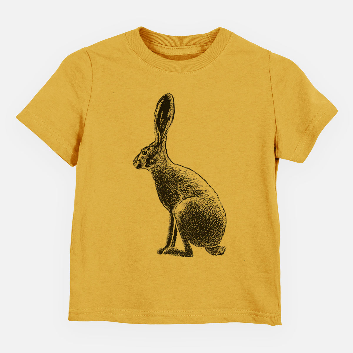 Honeycomb yellow toddler t-shirt laid flat, printed with a detailed black ink illustration of a black-tailed jackrabbit sitting in profile with tall ears.