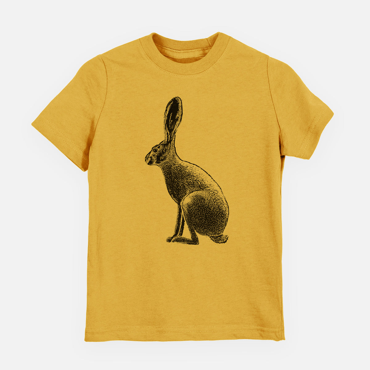 Honeycomb yellow youth t-shirt laid flat, printed with a detailed black ink illustration of a black-tailed jackrabbit sitting in profile with tall ears.