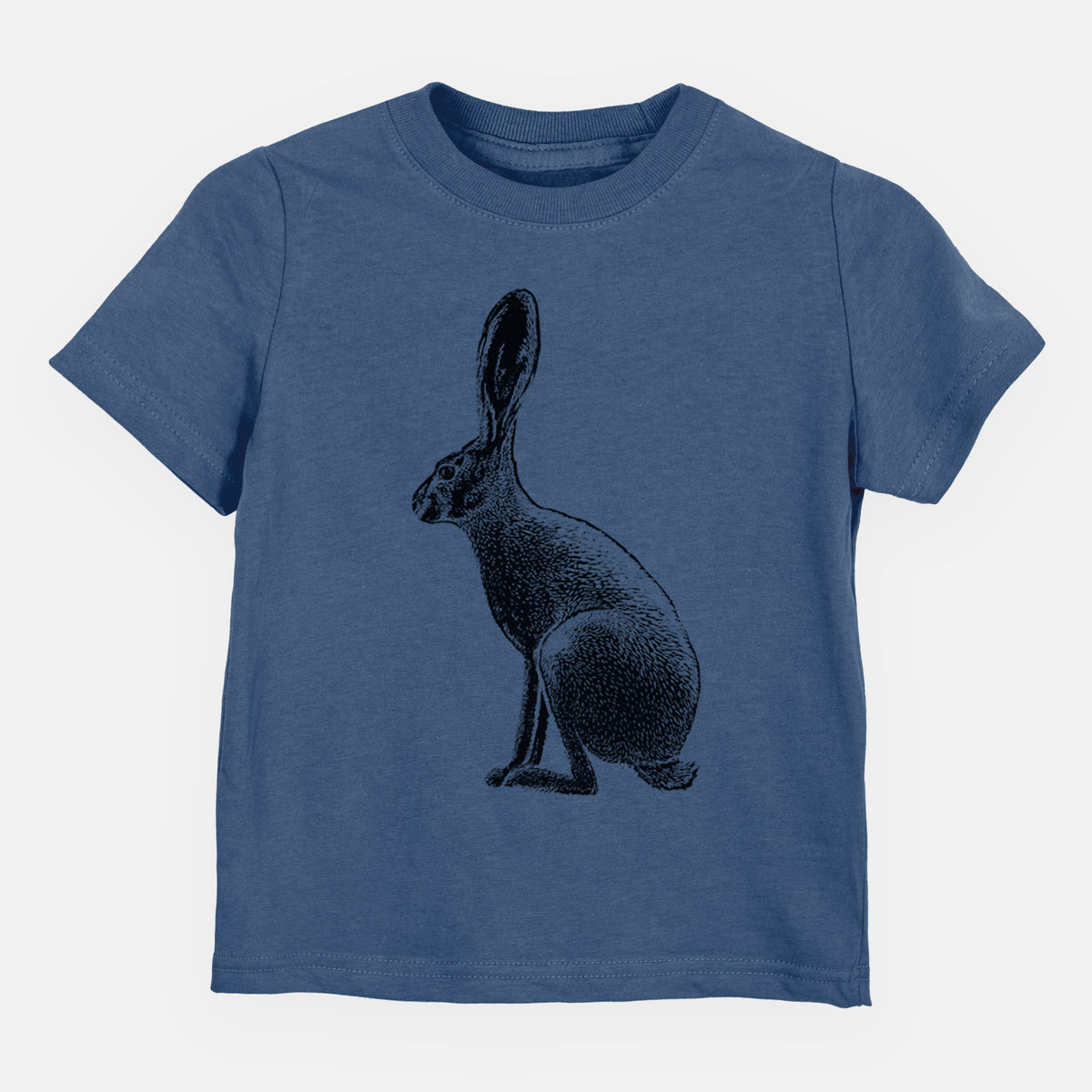 Indigo blue toddler t-shirt laid flat, printed with a detailed black ink illustration of a black-tailed jackrabbit sitting in profile with tall ears.