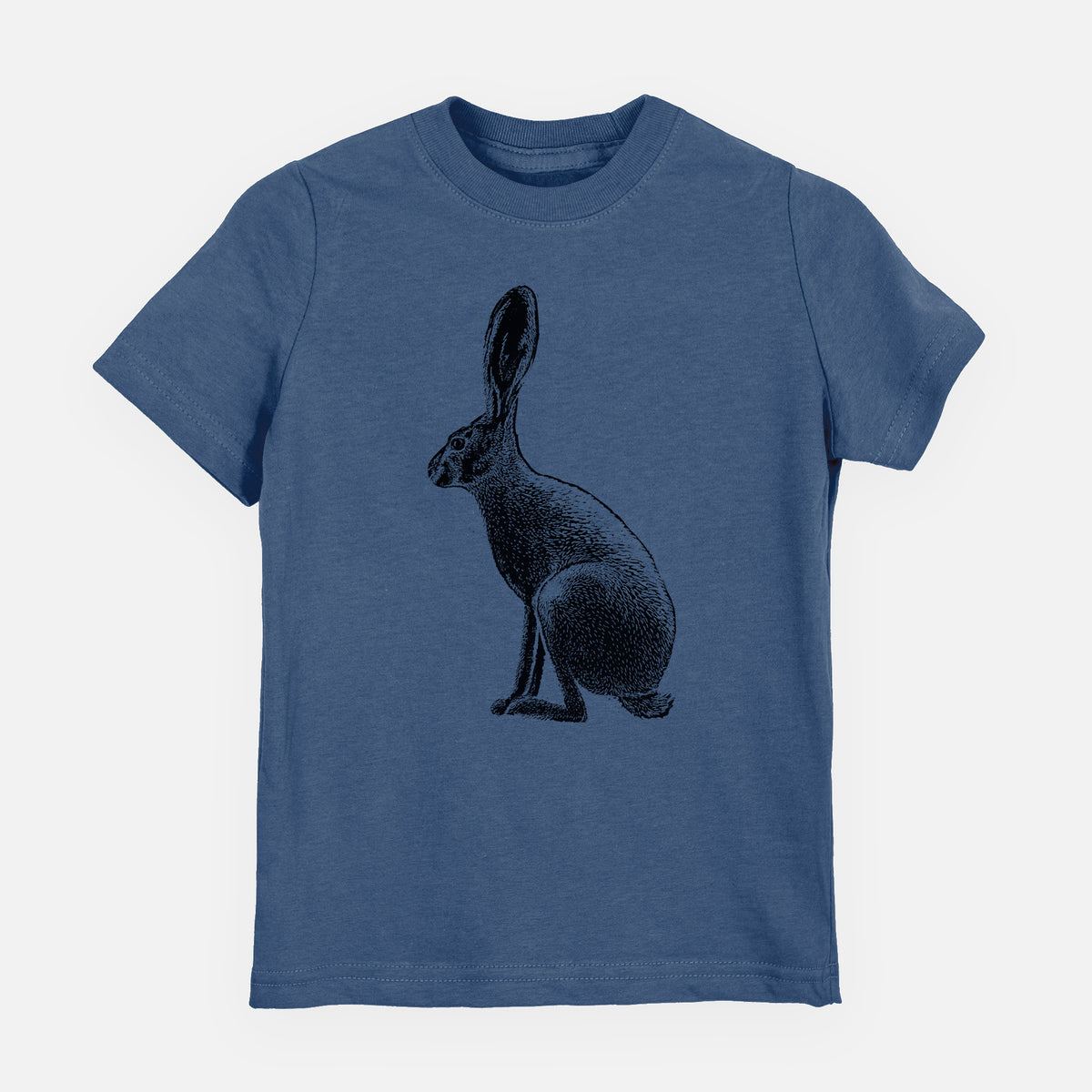 Indigo blue youth t-shirt laid flat, printed with a detailed black ink illustration of a black-tailed jackrabbit sitting in profile with tall ears.