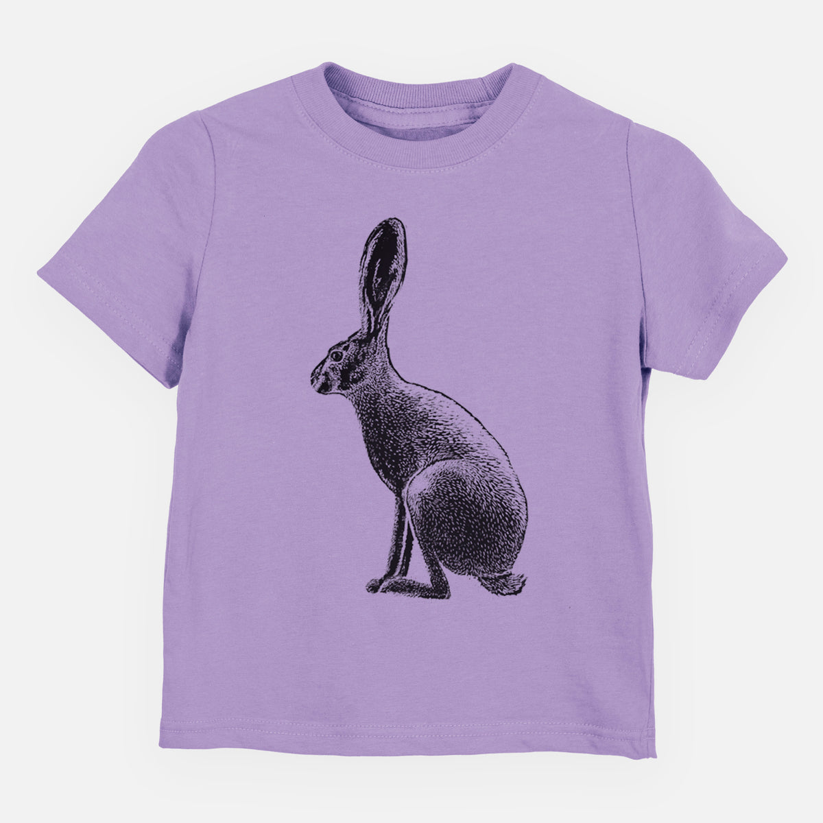Lavender toddler t-shirt laid flat, printed with a detailed black ink illustration of a black-tailed jackrabbit sitting in profile with tall ears.