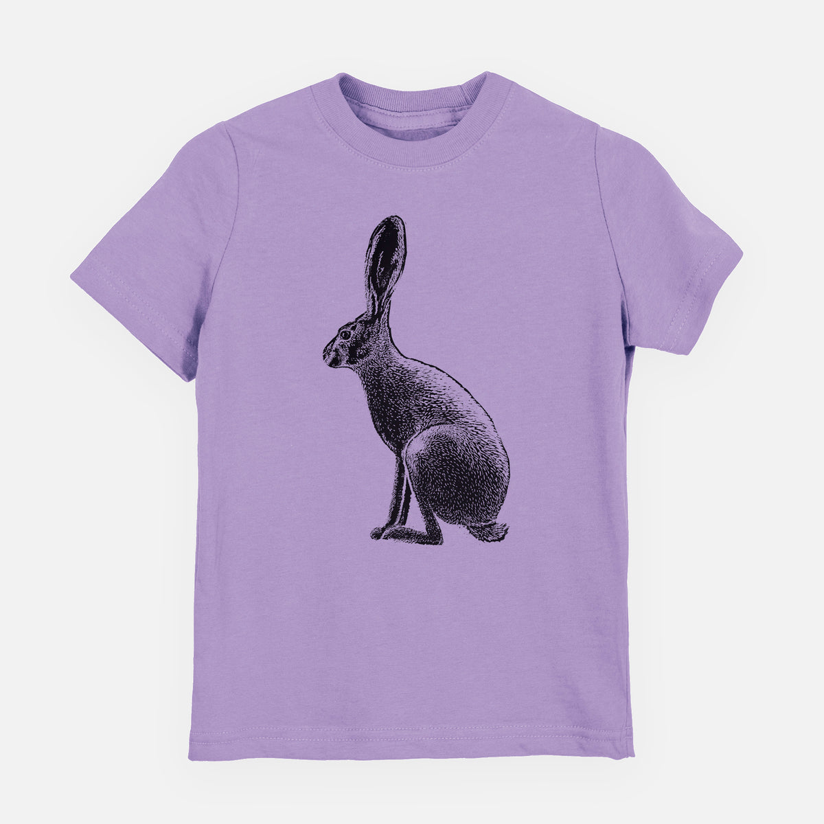 Lavender youth t-shirt laid flat, printed with a detailed black ink illustration of a black-tailed jackrabbit sitting in profile with tall ears.