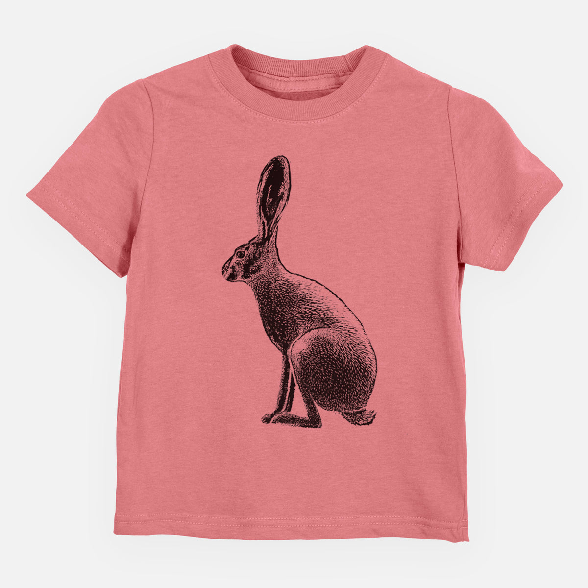 Mauve pink toddler t-shirt laid flat, printed with a detailed black ink illustration of a black-tailed jackrabbit sitting in profile with tall ears.