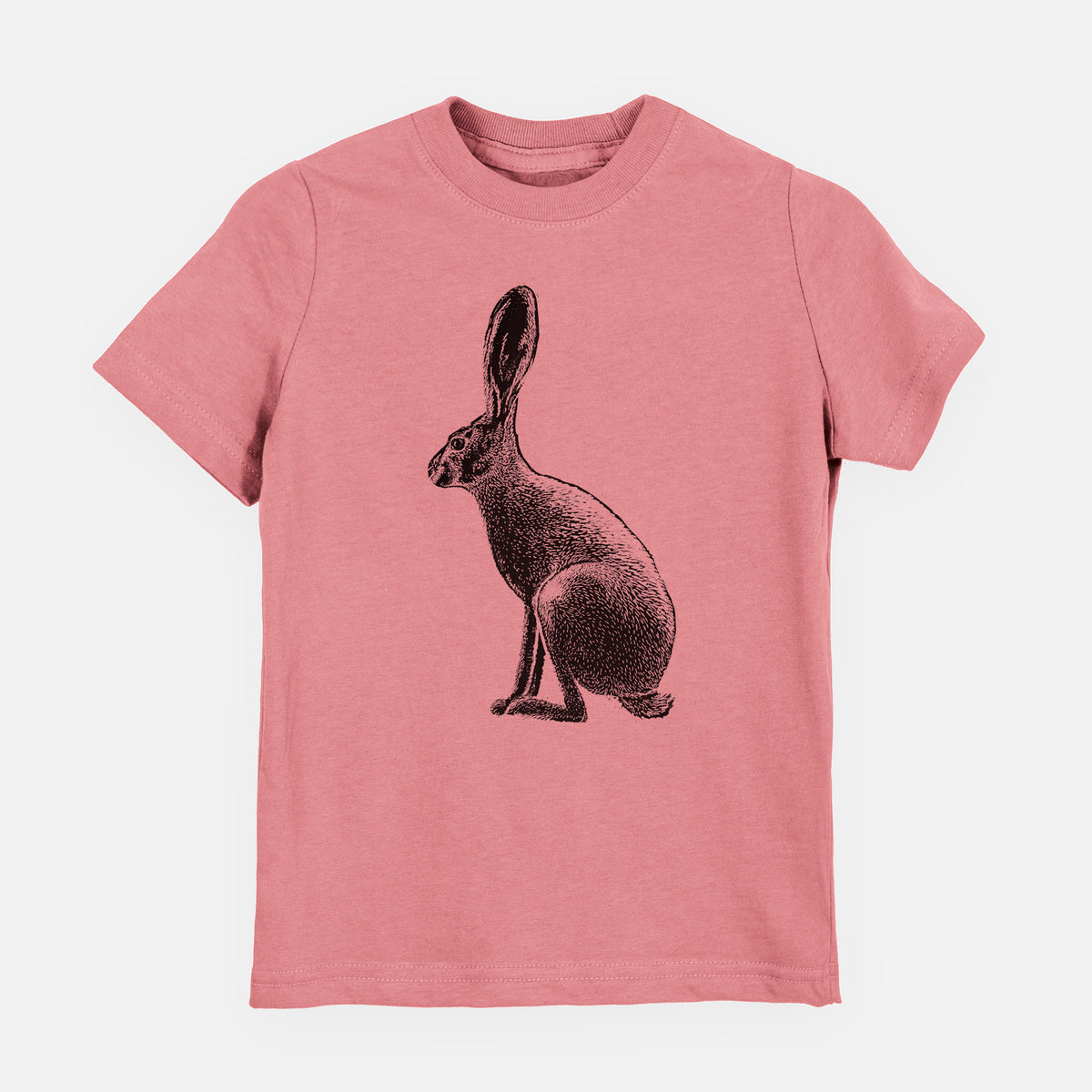 Mauve pink youth t-shirt laid flat, printed with a detailed black ink illustration of a black-tailed jackrabbit sitting in profile with tall ears.