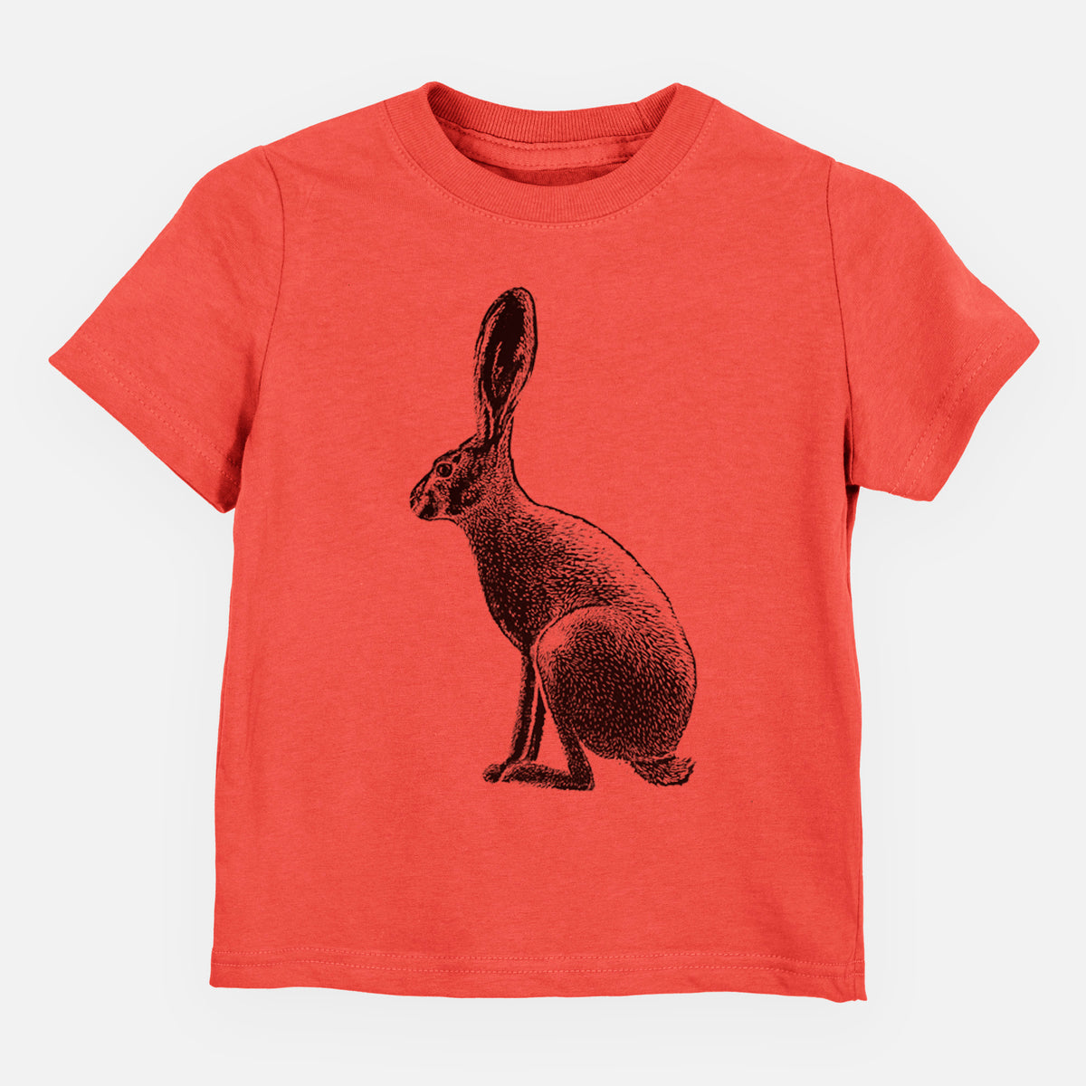 Passionfruit pink toddler t-shirt laid flat, printed with a detailed black ink illustration of a black-tailed jackrabbit sitting in profile with tall ears.