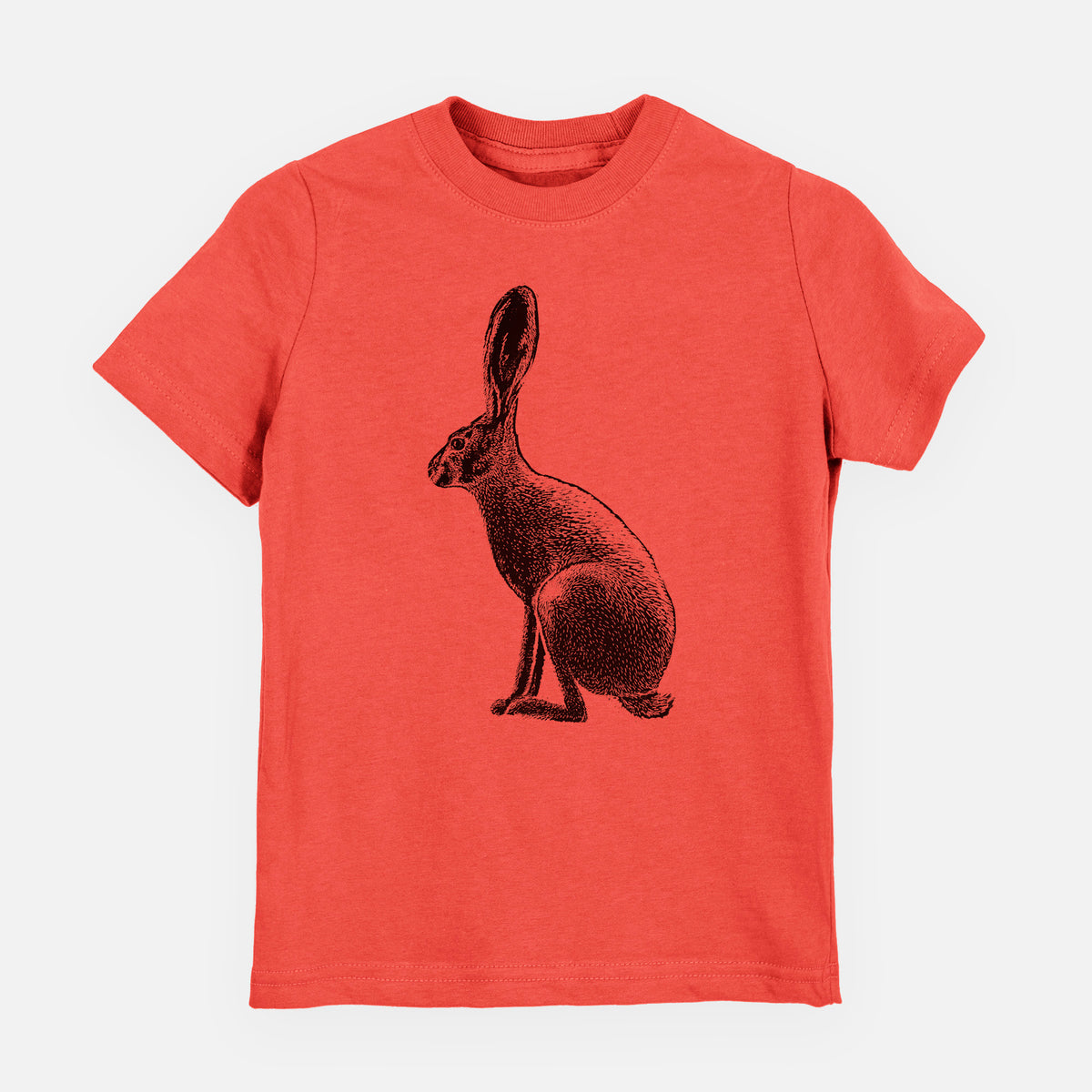 Passionfruit pink youth t-shirt laid flat, printed with a detailed black ink illustration of a black-tailed jackrabbit sitting in profile with tall ears.