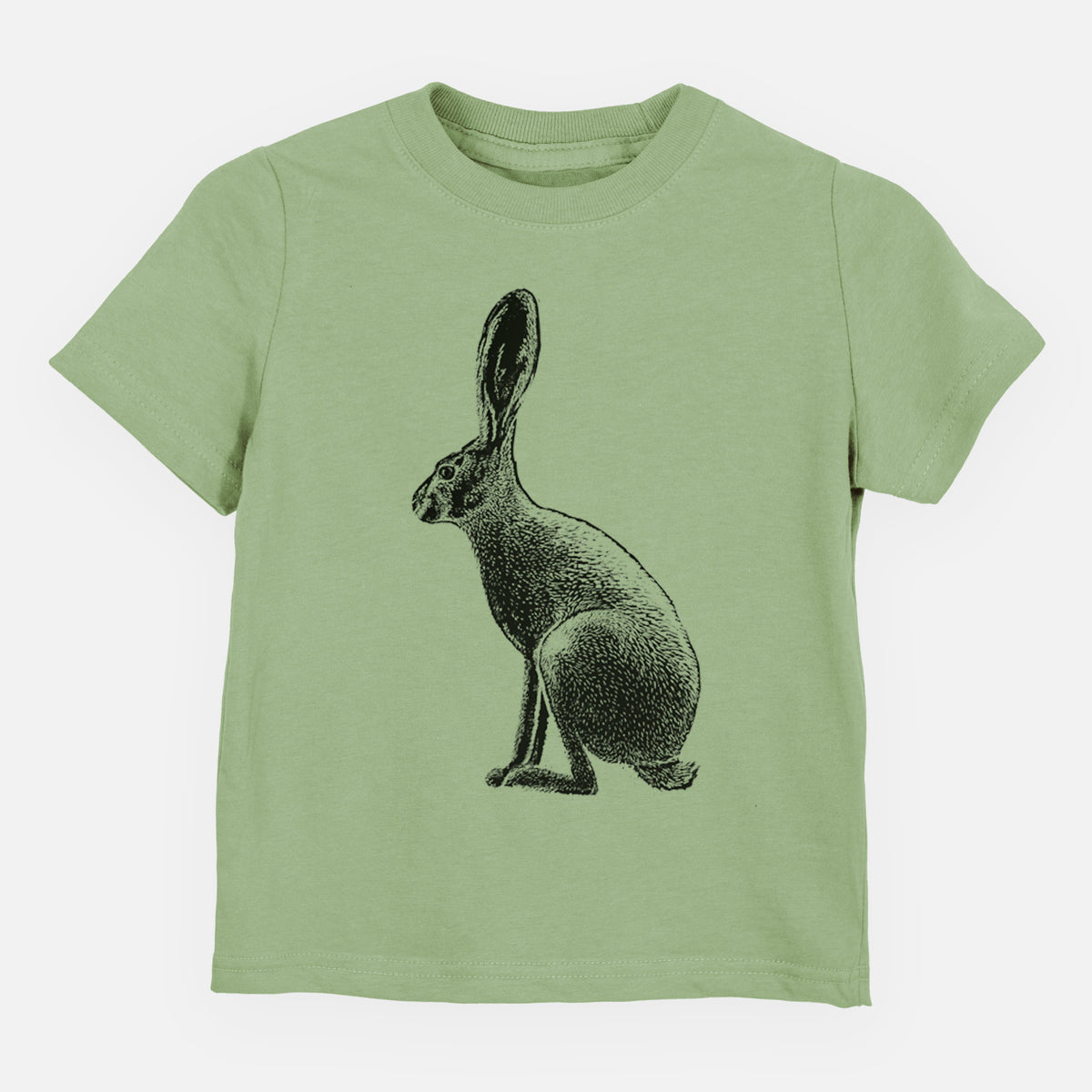Sage green toddler t-shirt laid flat, printed with a detailed black ink illustration of a black-tailed jackrabbit sitting in profile with tall ears.