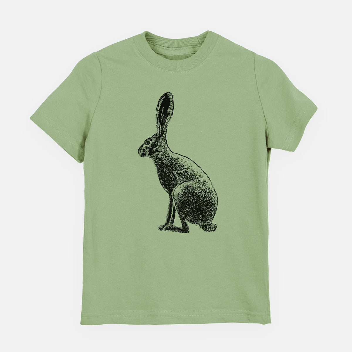 Sage green youth t-shirt laid flat, printed with a detailed black ink illustration of a black-tailed jackrabbit sitting in profile with tall ears.