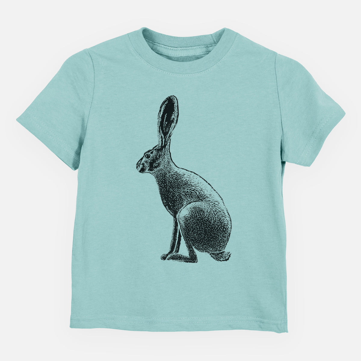 Saltwater toddler t-shirt laid flat, printed with a detailed black ink illustration of a black-tailed jackrabbit sitting in profile with tall ears.