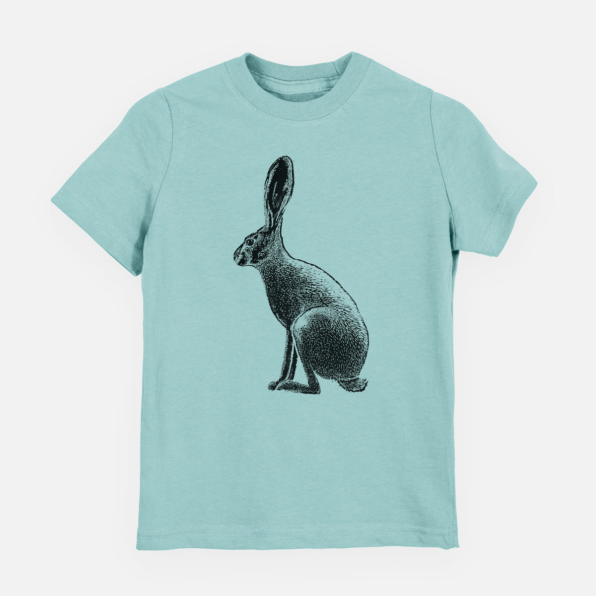 Saltwater youth t-shirt laid flat, printed with a detailed black ink illustration of a black-tailed jackrabbit sitting in profile with tall ears.