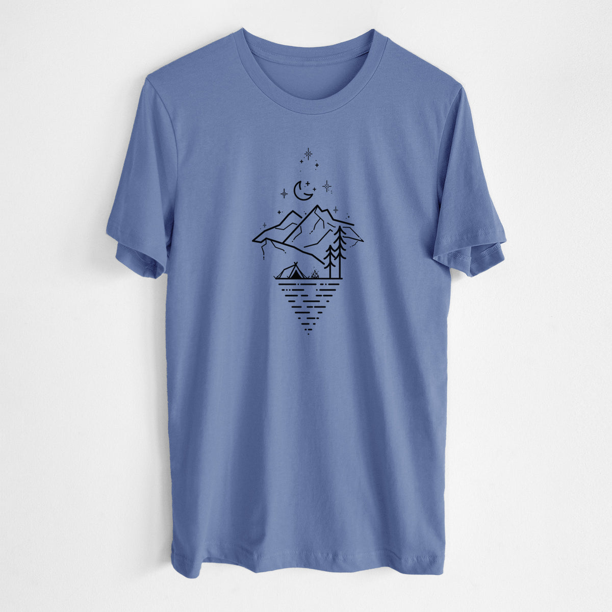 Blue bell lightweight cotton t-shirt laid flat, printed with black line art of mountains, pine trees, a crescent moon and stars above a lake inside a diamond outline.