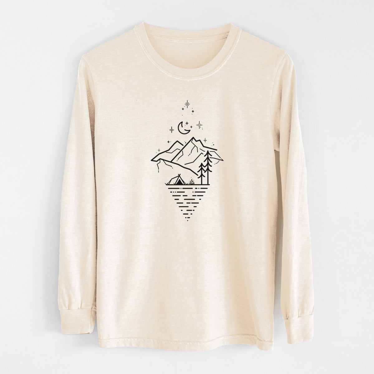 Ivory Comfort Colors long sleeve shirt laid flat, printed with black line art of mountains, pine trees, a crescent moon and stars above a lake inside a diamond outline.