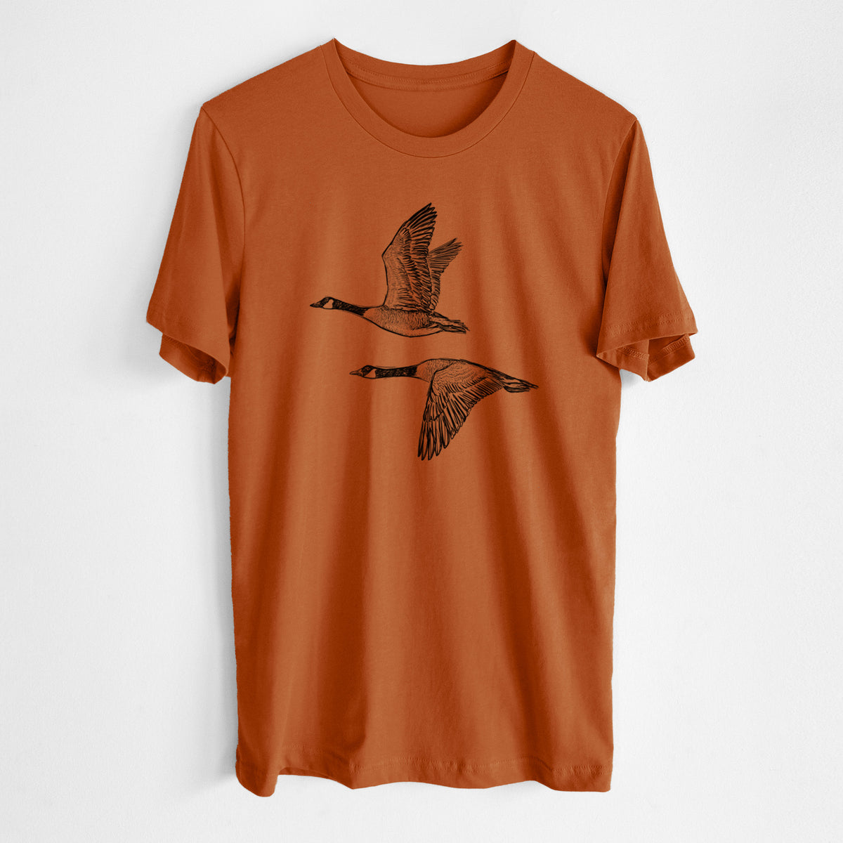 Canada Geese in Flight - Branta canadensis - Lightweight 100% Cotton Unisex Crewneck in Autumn, worn by model