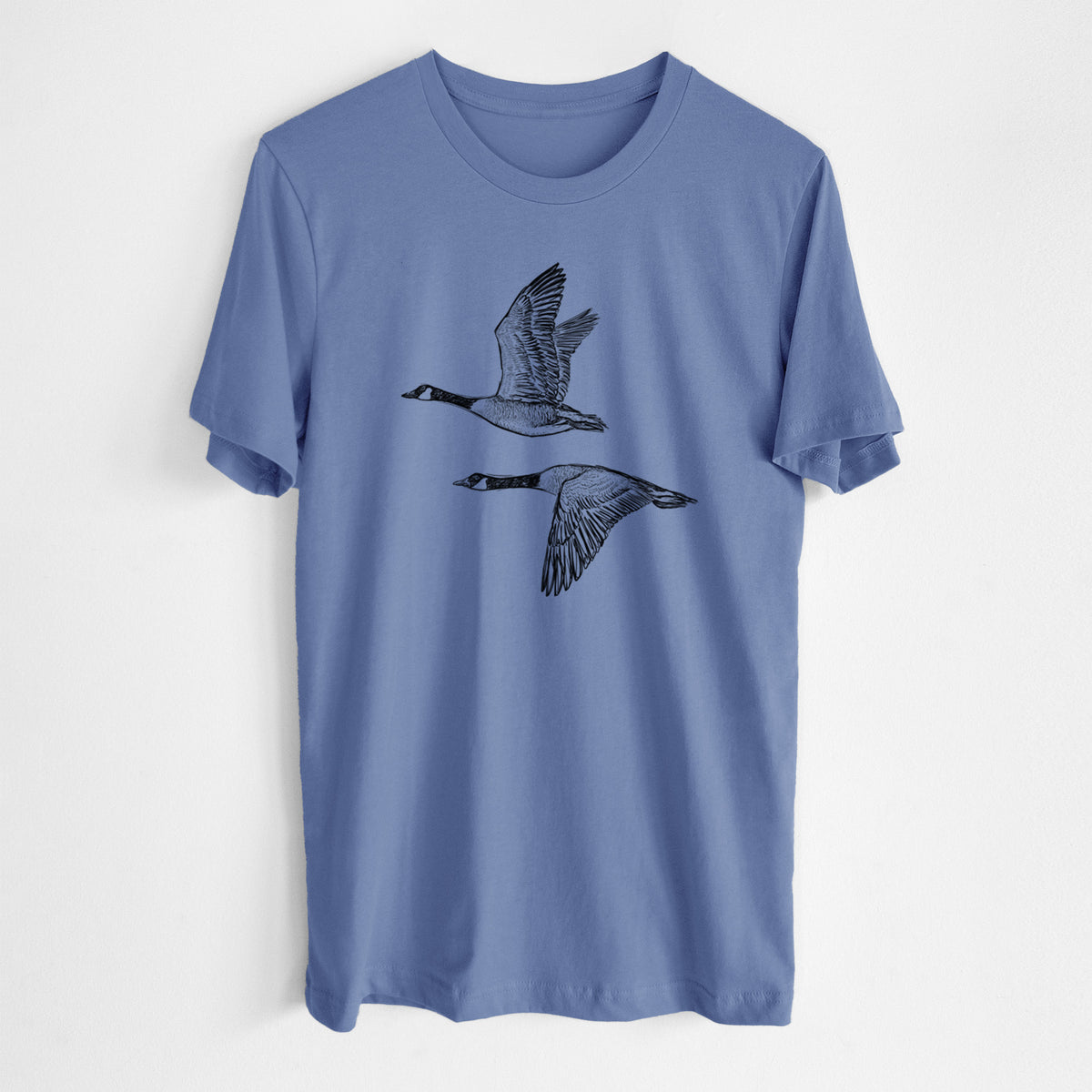 Canada Geese in Flight - Branta canadensis - Lightweight 100% Cotton Unisex Crewneck in Blue Bell, worn by model