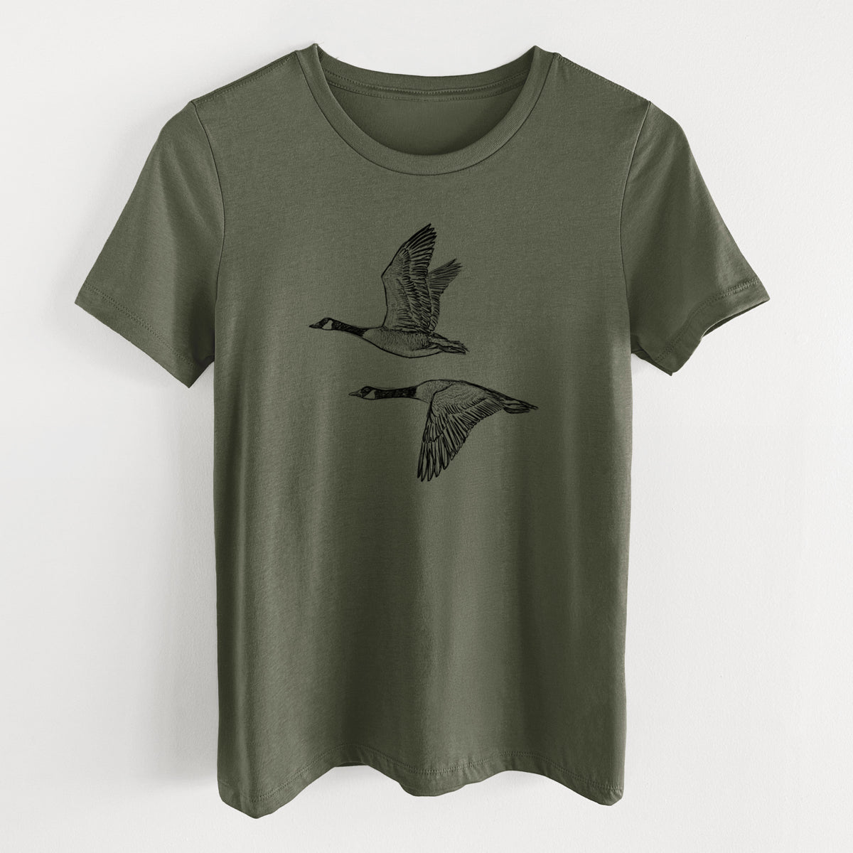 Canada Geese in Flight - Branta canadensis - Women's Lightweight Relaxed Fit 100% Cotton Crewneck in Military Green, on a hanger