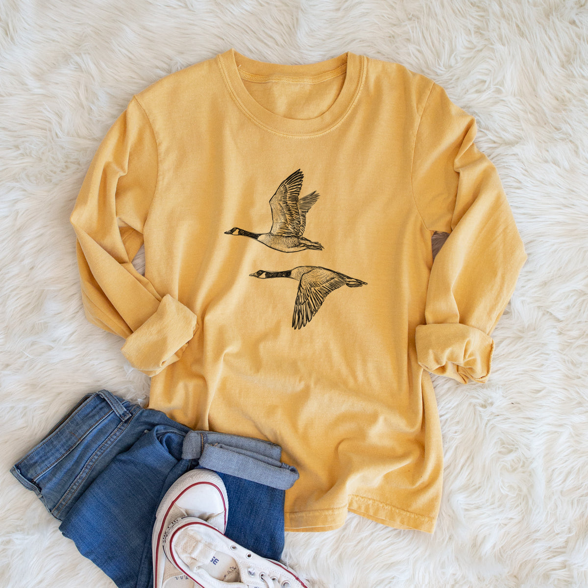 Canada Geese in Flight - Branta canadensis - Unisex Comfort Colors 100% Cotton Long Sleeve in Golden Wheat