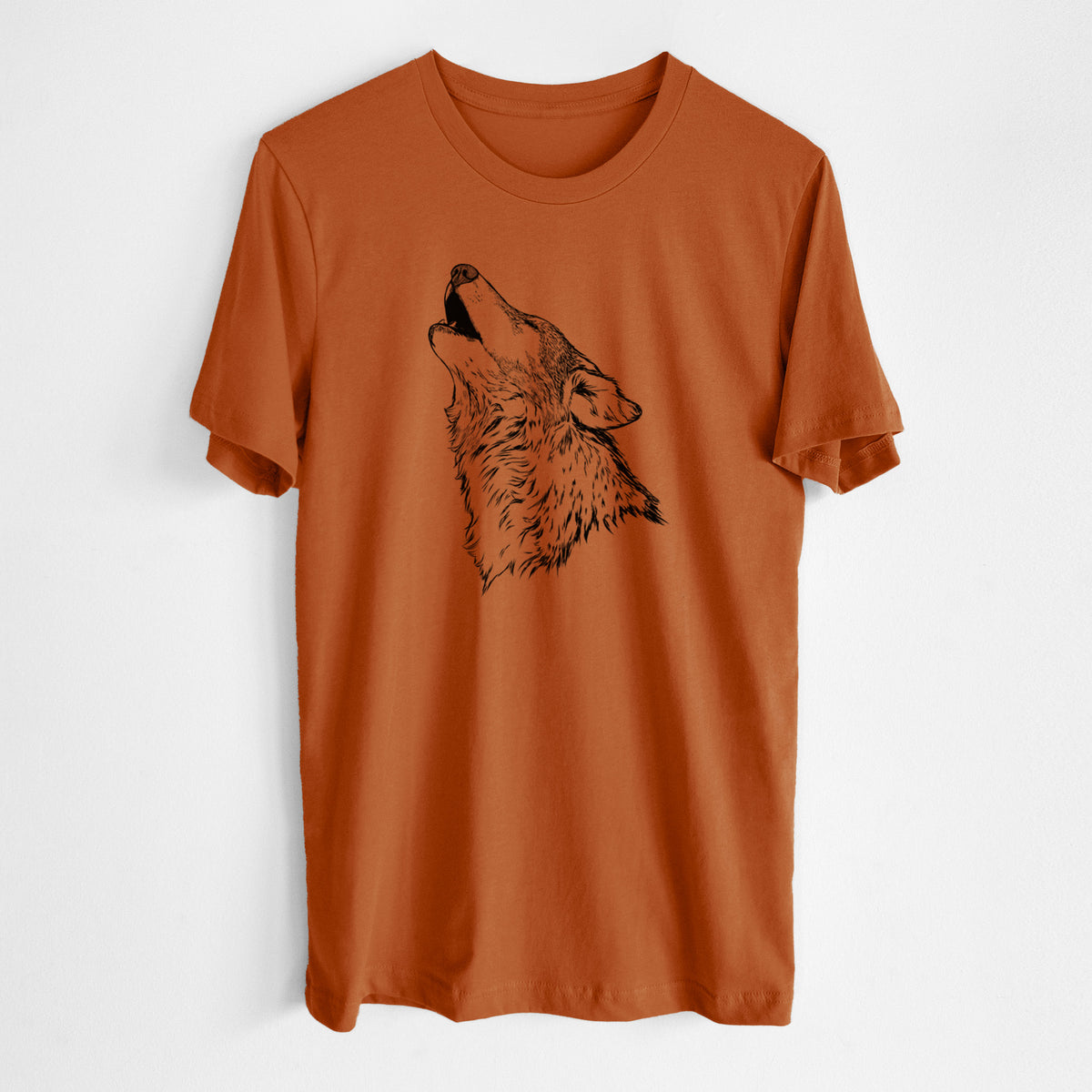 Autumn lightweight cotton t-shirt laid flat, printed with a detailed black ink illustration of a grey wolf's head and shoulders, howling upward.