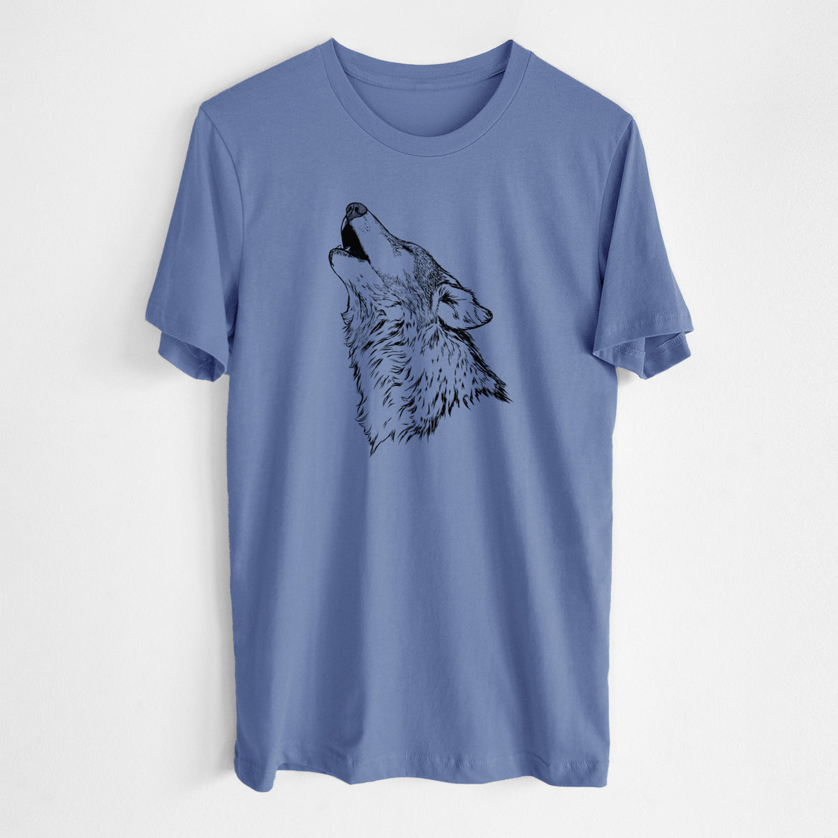 Blue bell lightweight cotton t-shirt laid flat, printed with a detailed black ink illustration of a grey wolf's head and shoulders, howling upward.
