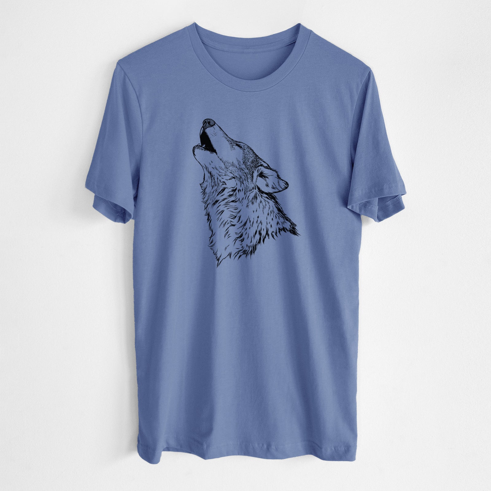Blue bell lightweight cotton t-shirt laid flat, printed with a detailed black ink illustration of a grey wolf's head and shoulders, howling upward.