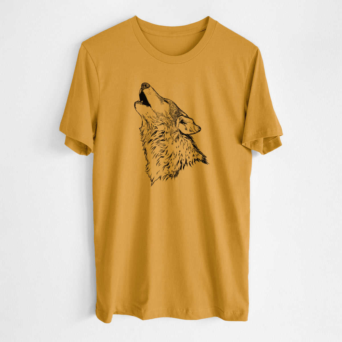 Honeycomb yellow lightweight cotton t-shirt laid flat, printed with a detailed black ink illustration of a grey wolf's head and shoulders, howling upward.
